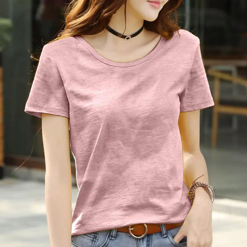 

100% Cotton Solid Women T-Shirts Summer New 2021 O-Neck Short-Sleeved Casual All Match Female Pulls Outwear Tops Tees