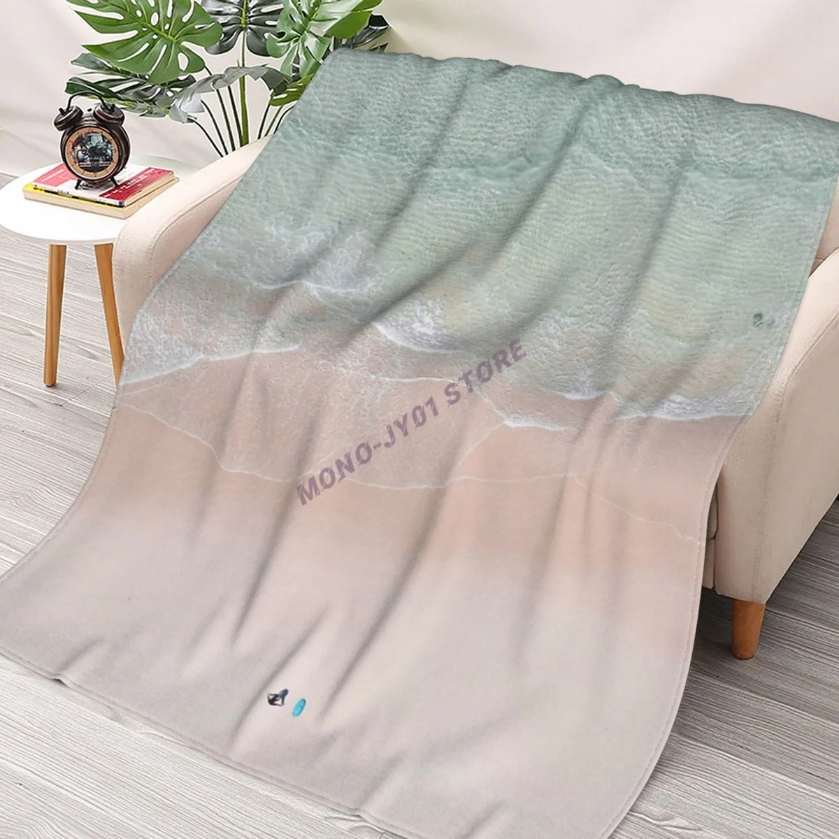 

Aerial Beach Photography - Mint Green Ocean - Yoga - Sea Travel Photography Throw Blanket Sherpa Blanket cover Bedding