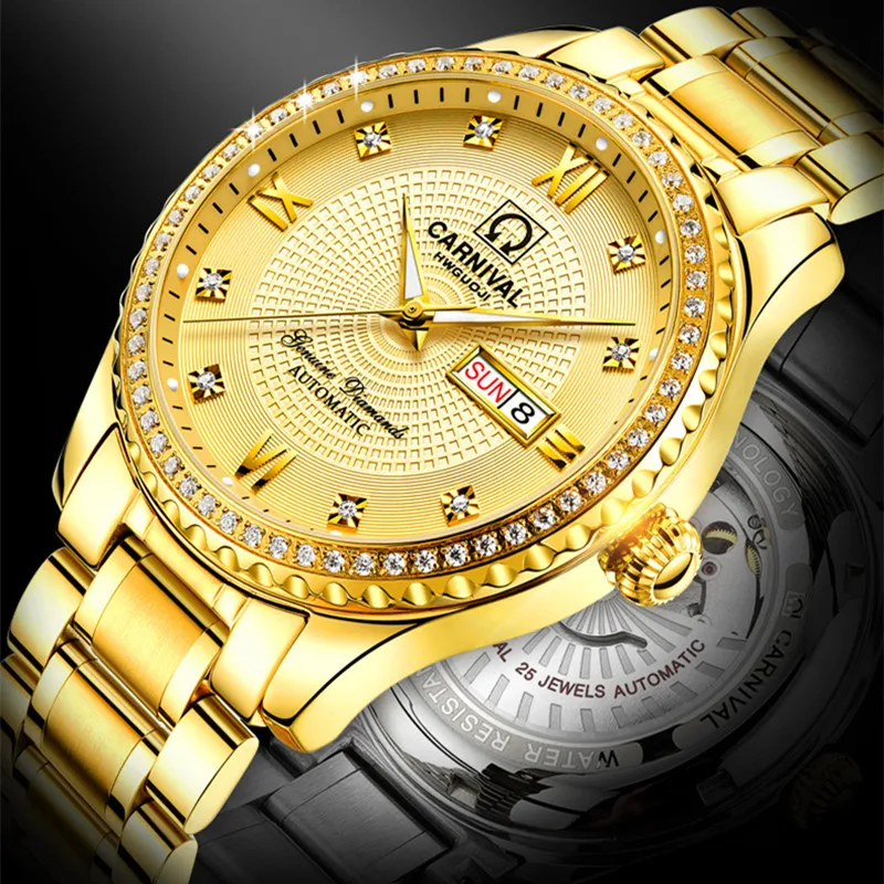 Elegant Men Business Dress Watches Mechanical Full Gold Stainless Steel Bracelet Wrist watch Self-wind Crystals Watch Waterproof