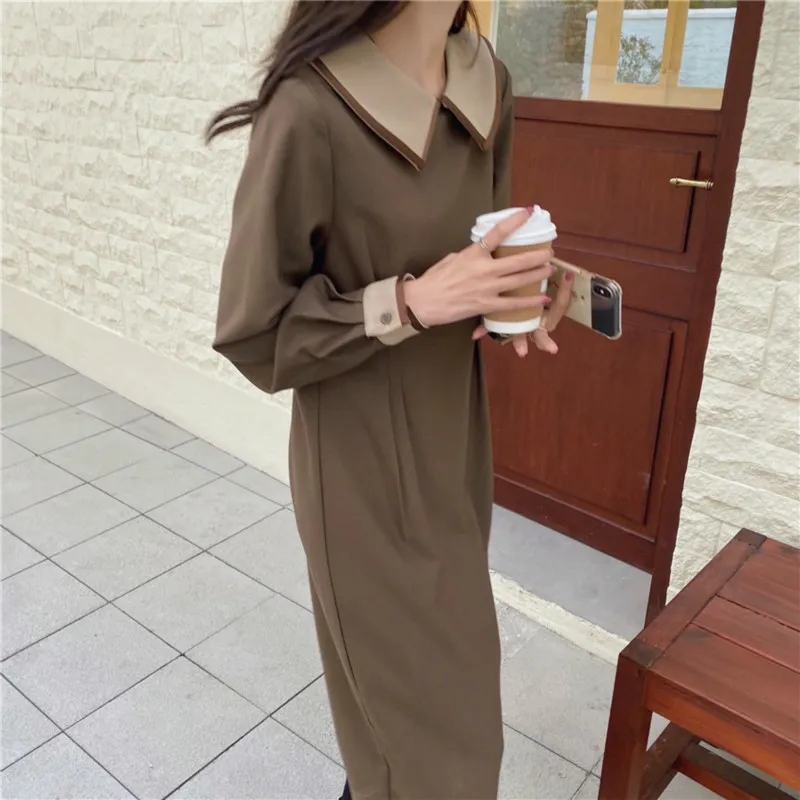 

Женское весеннее платье с длинным рукавом, с воротником Питера Пэна, однотонное, с завышенной талией