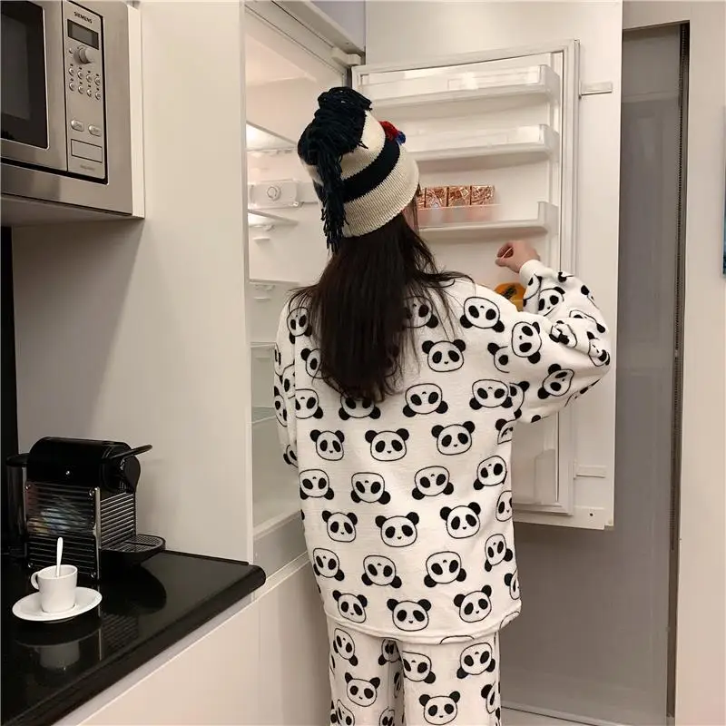 Женские теплые зимние фланелевые пижамы одежда для сна Kawaii Panda комплект из двух