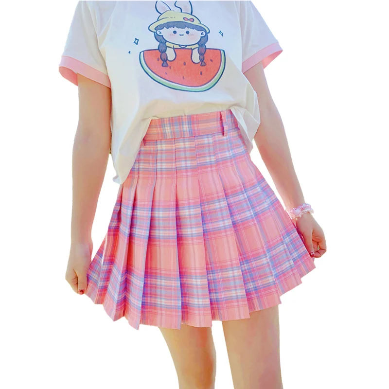 Harajuku Kawaii High-waisted Mini Skirts Teens Girls Summer Pleated Cute Plaid 2021 Japanese School Uniform Shorts Skirt Pink