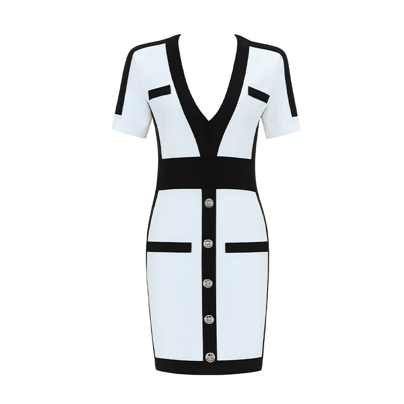 

[DEAT] V-neck Collar Short Sleeve Single Breasted Color Contrast Sexy Medium Length Dress Women 2021 Spring And Summer GX859