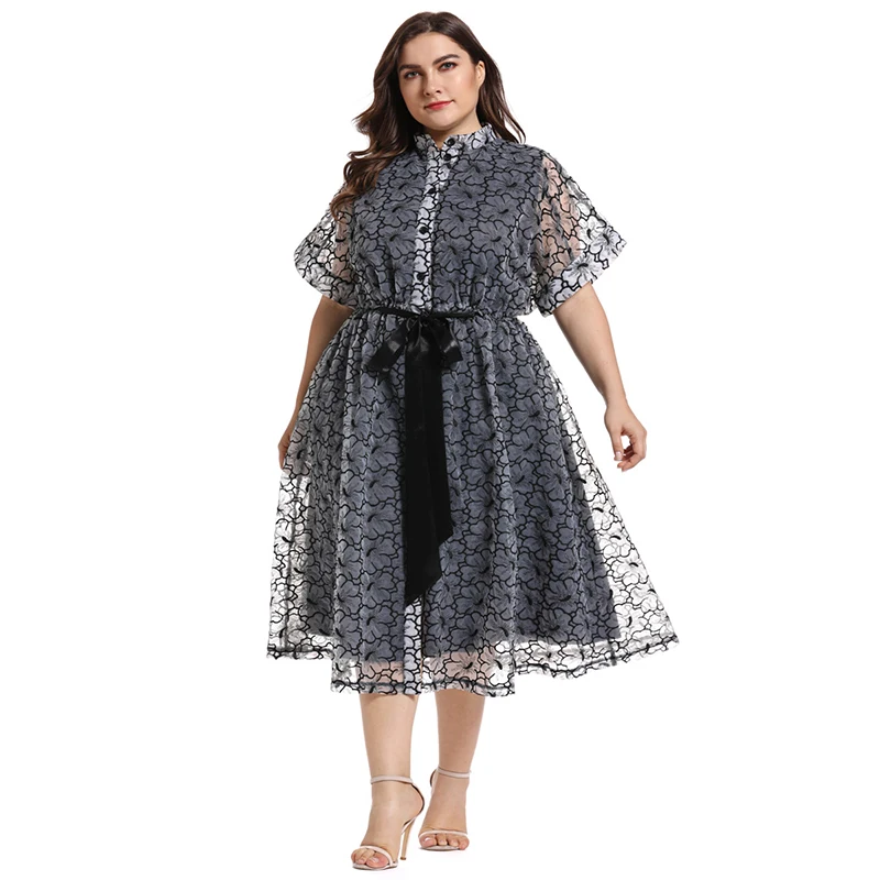 

Женское платье макси с вышивкой Abaya, Элегантное повседневное черное Сетчатое платье с воротником-стойкой и коротким рукавом, весна 2021