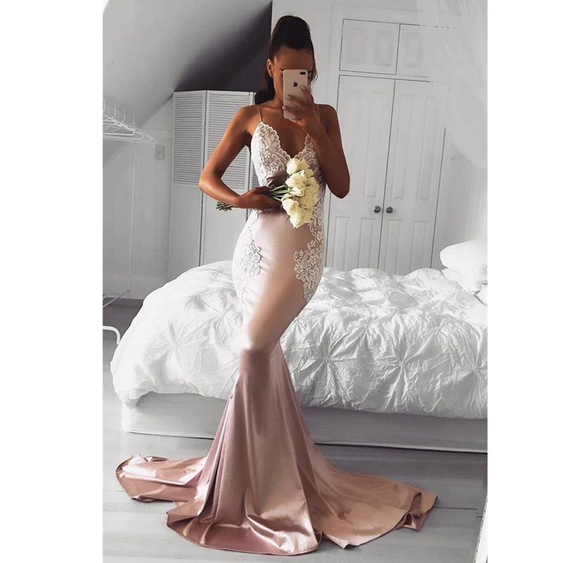 

Backless Muslim Evening Dresses Mermaid Spaghetti Straps Appliques Long Islamic Dubai Saudi Arabic Long Formal Evening Gown
