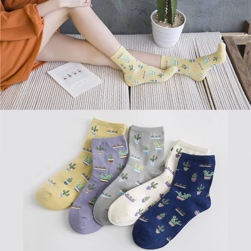 

1Pair Spring Summer Women's Sock Plant Cactus Pattern Comfortable Lovely Cotton Socks Female Casual Breathable Soft Funny Socks