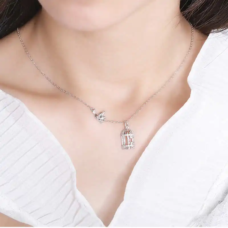 

INZATT Real 925 Sterling Silver Zircon Birdcage Pendant Necklace For Fashion Women Party Fine Jewelry Cute Accessories 2020 Gift