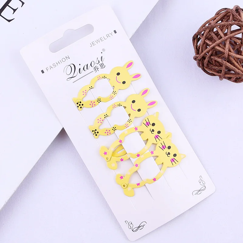4PCS Yellow 5 см Мультяшные шпильки для волос с кроликами, заколки для волос для детей, аксессуары для волос, заколка для волос для малышей, заколки для волос с изображением кота, цветная металлическая заколка с принтом - Цвет: 4PCS Yellow