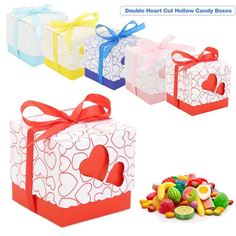 10 шт. лента Двойное сердце полый для конфет Коробки Свадебная вечеринка подарок
