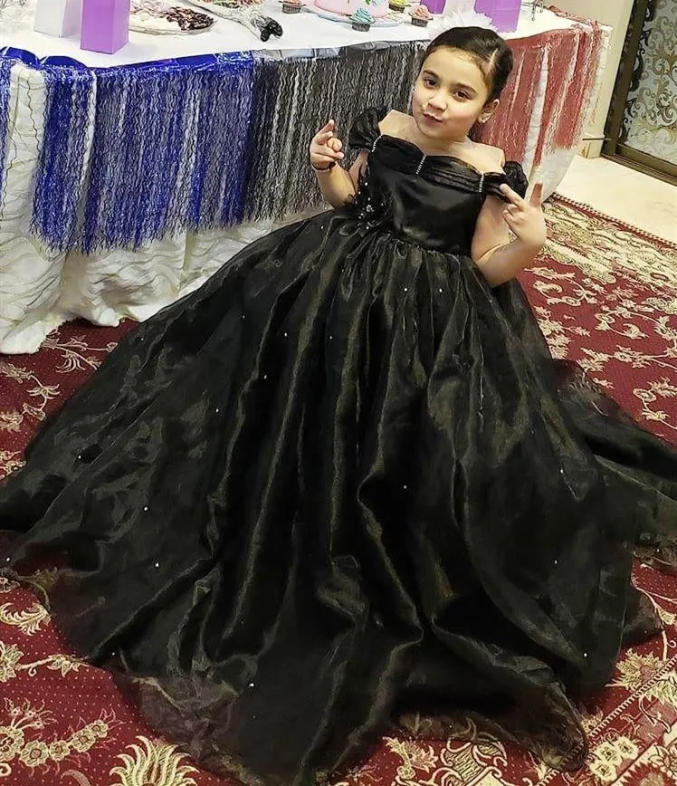 

New Black Off Shoulder Little Princess Wedding Party Dress Ball Gown Flower Girl Dress Children Birthday Dress Pageant Gown