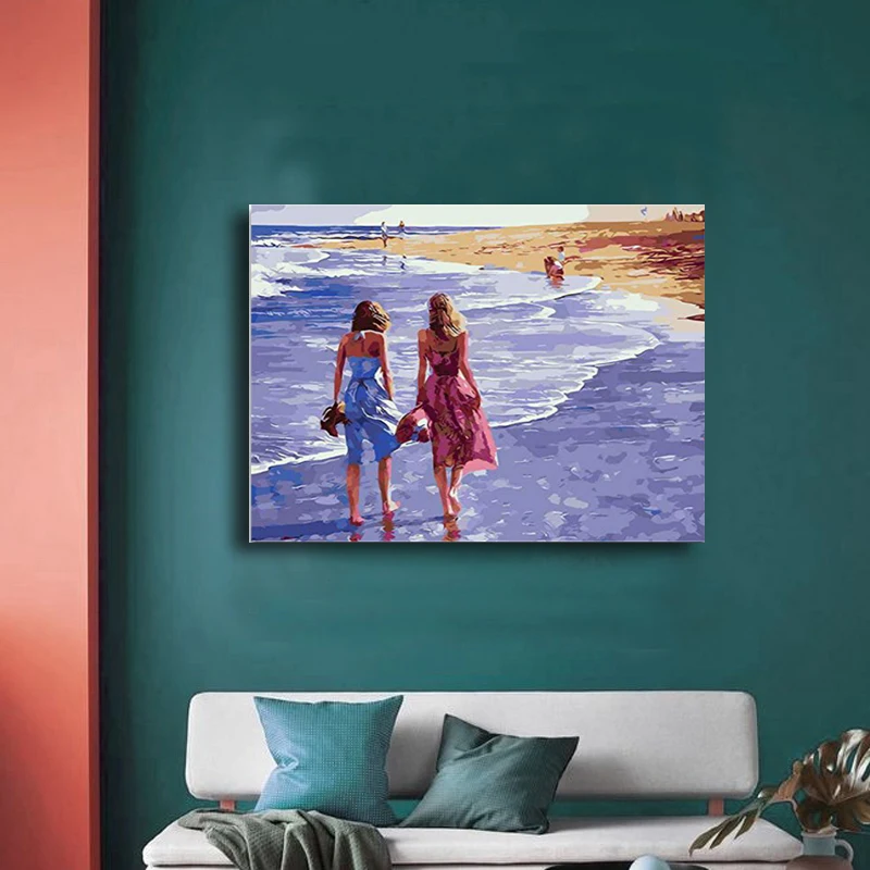 

Картина по номерам Sister beach walk diy Масляная картина картинки для раскраски по номерам с рисунком в рамке для дома
