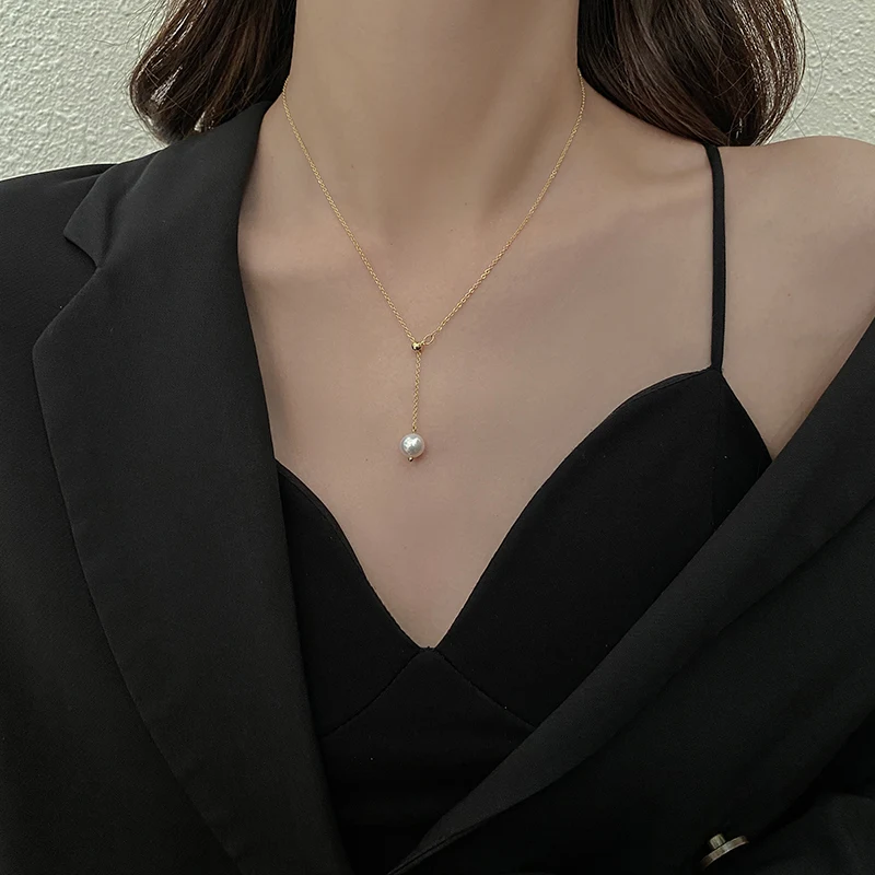 

Fashion Gold Color Chain Jewelry Necklace for Women Hell Pearl Beads Pendant Adjustable Flexible Long Dropped Necklace