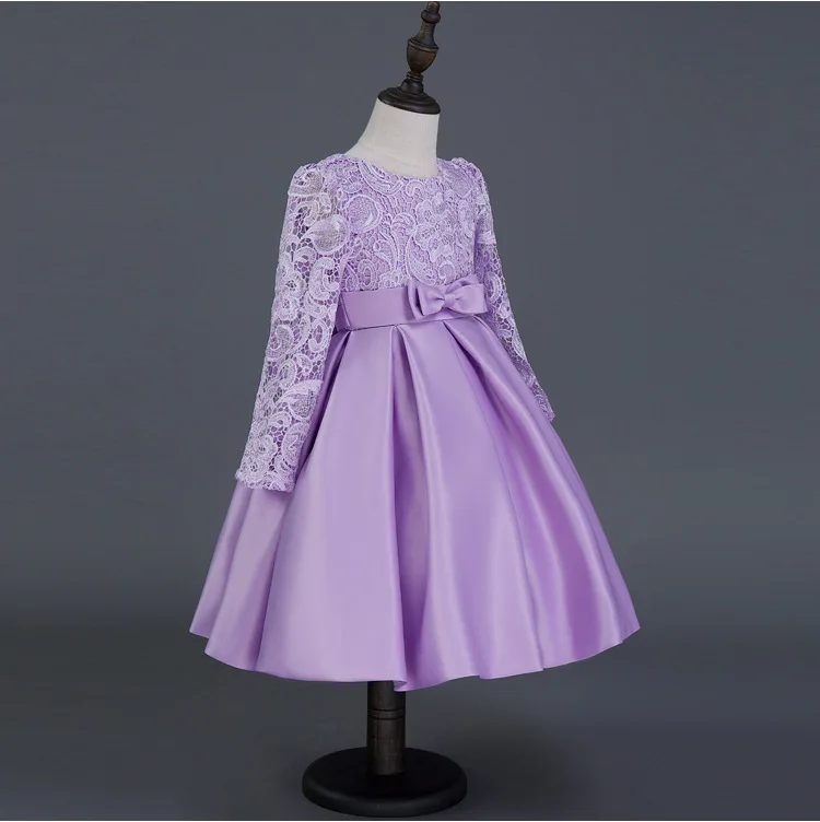 

Lace Purple Flower Girl Dresses 2020 Long Sleeve With Bow Sash Princess Ball Gown Knee Length Dresses Pageant Dresses For Women
