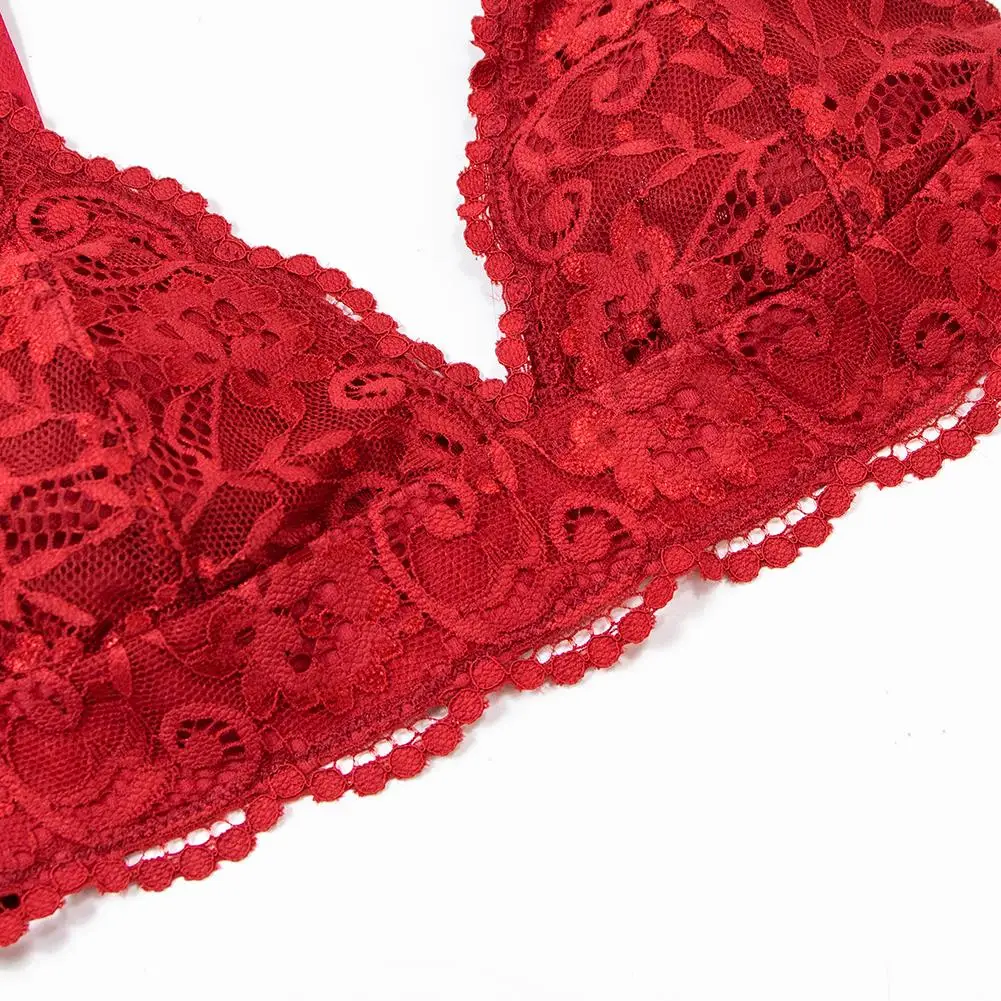 Varmiss 4pcs/set Women's Fashion Lace Set Sexy Lingerie Wireless Deep V Bra Lingerie Sexy Bra G-string Garter And Stockings Set