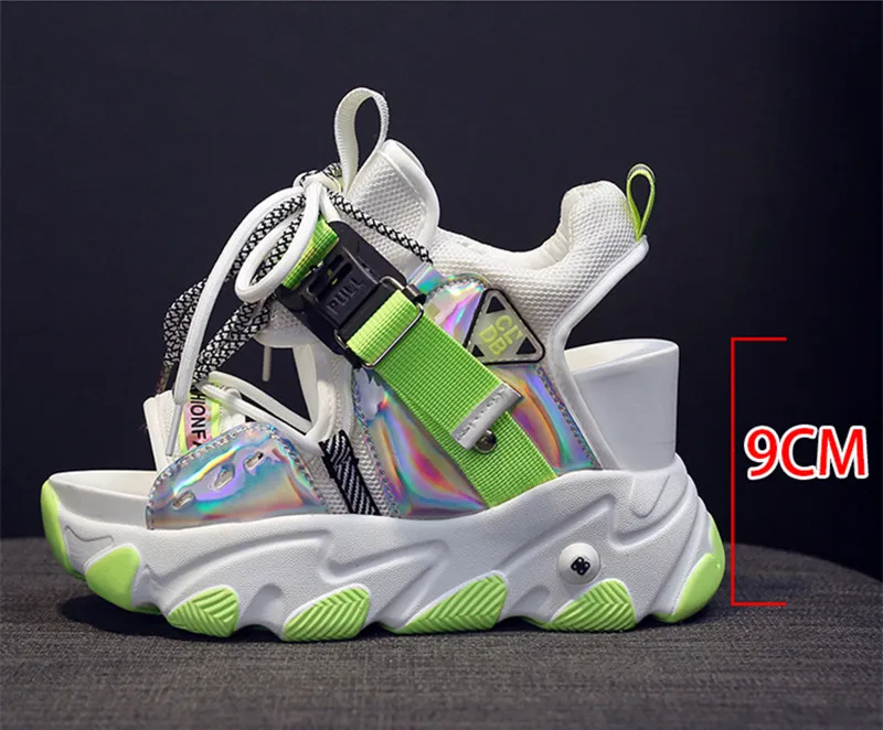 Модные блестящие женские кроссовки с блестками Босоножки на платформе и высоком