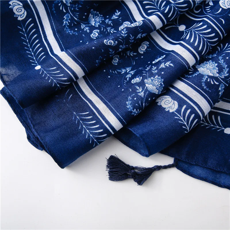 

Women New Delicate Dark Blue Scarf with Casual Floral Pattern Cotton Linen Feeling Sun Protection Travel oversize Shawl Tassel