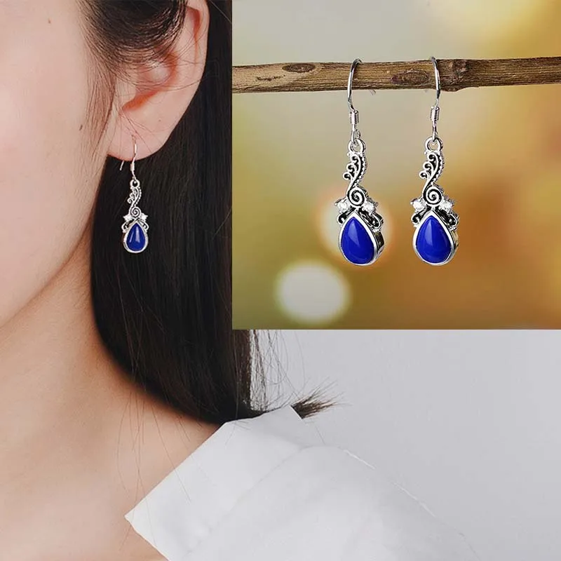 Boho, зеленый камень, маленькие висячие серьги, для женщин, полые серьги, висячие, серебряный цвет, винтажные индийские ювелирные изделия, крючок, серьги, этнические, DBE043