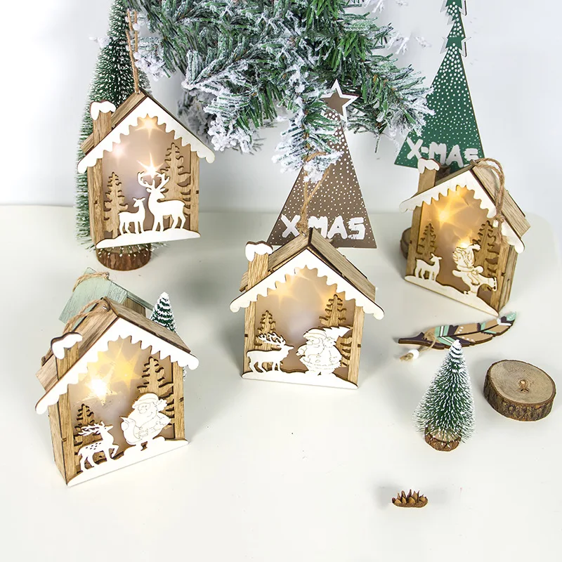 

Luminous LED Light Christmas House Pendant Deer Wooden Hovel Decorative Santa Claus Cabin