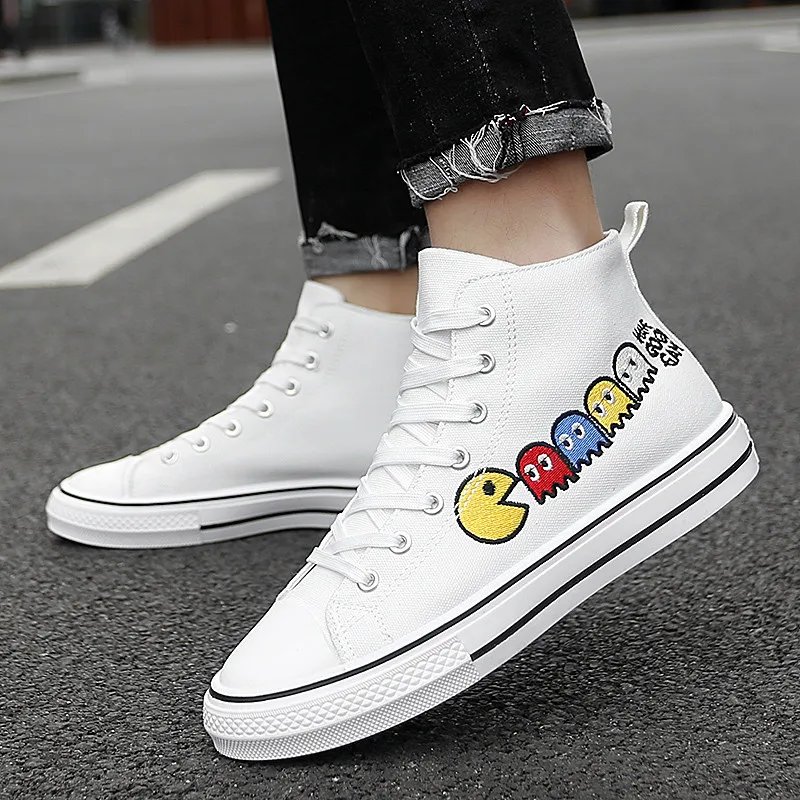 Fashion 2021 White and Black Anime Canvas Sneakers Male Platform Men's High Top Vulcanized Shoes Prints Teen Canvas Shoes Men