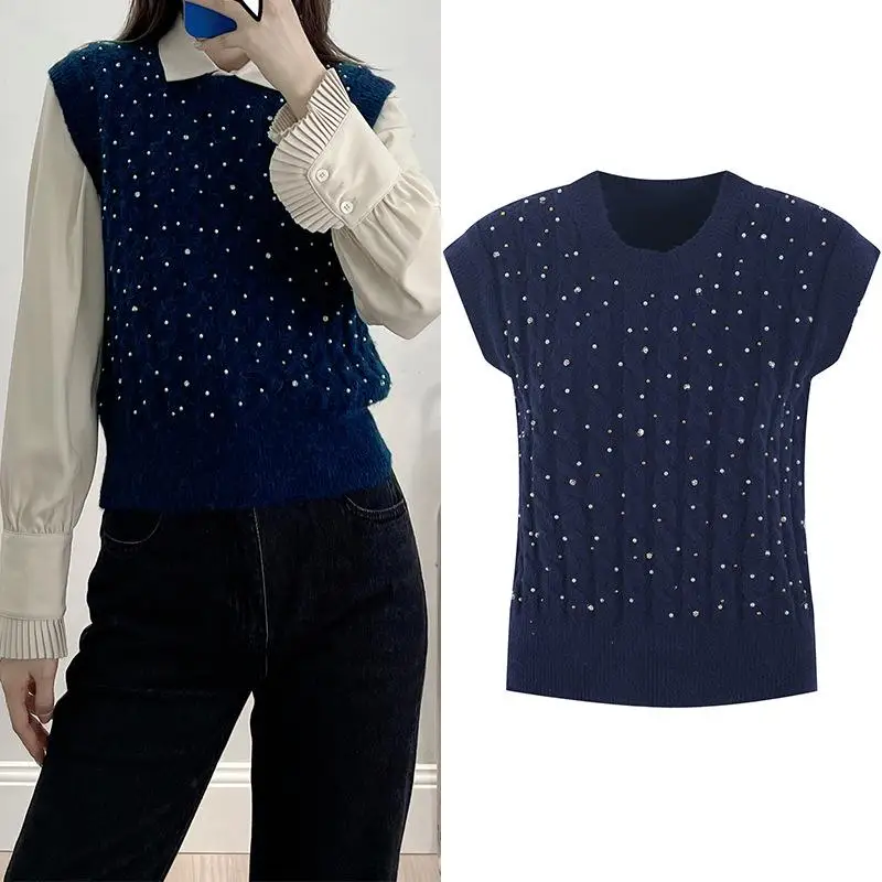 

Женский яркий пуловер с круглым вырезом, модный темно-синий элегантный свитер с бусинами, Осень-зима 2021