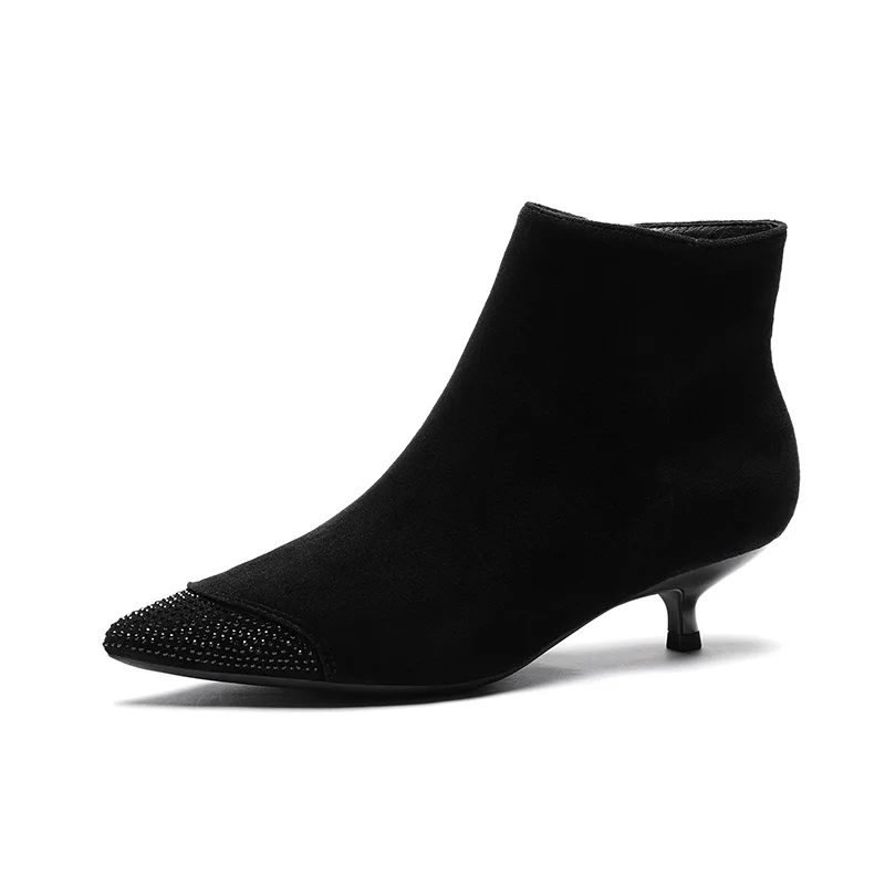 black fur lining1 Женские ботинки короткие ботильоны из флока на молнии на тонком каблуке, украшенные кристаллами; коллекция года; Сезон Зима; теплые плюшевые зимние ботинки; женская обувь; Новинка - Цвет: black fur lining1