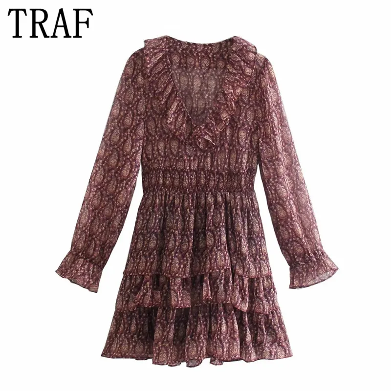 

TRAF Za 2021 Ruffle Short Dresses For Women Vintage Print Mini Dress Woman Ruched Long Sleeve Dress Elastic Waist Casual Dresses