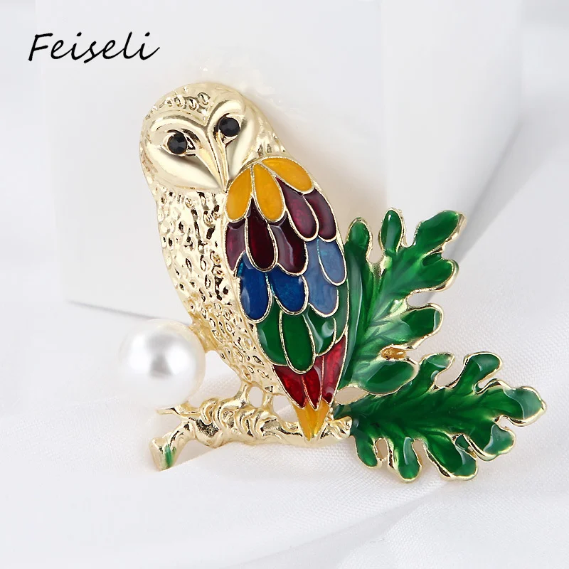 Feiseli искусственная жемчужина цветная сова птица брошь для женщин свитер одежда
