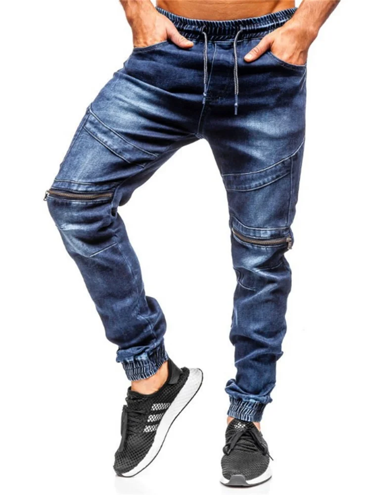 EH·MD® Men's Harem  Jeans Drawstring Sweatpants Dark Blue Large Size Highly Elastic Slim Loose Fashion Splicing Drawstring Pants