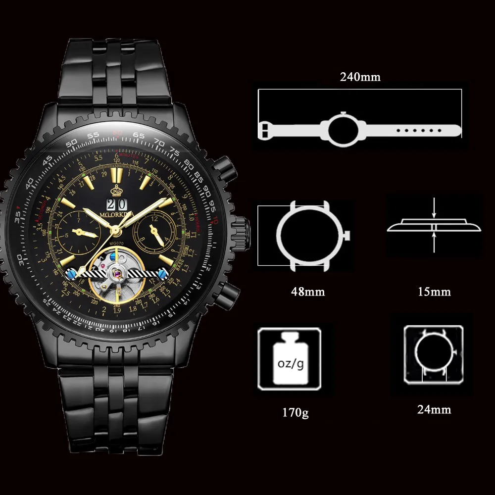 Tourbillon дизайн большой циферблат Автоматические военные часы мужские из нержавеющей стали механические часы известный роскошный бренд ORKINA