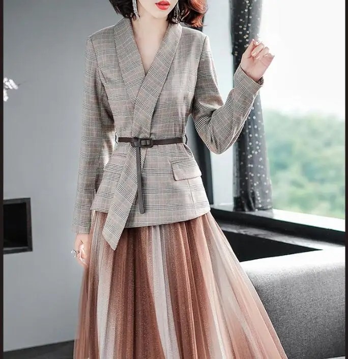 Женский клетчатый пиджак топ с поясом юбка пачка из тюля блестками весна осень 2020