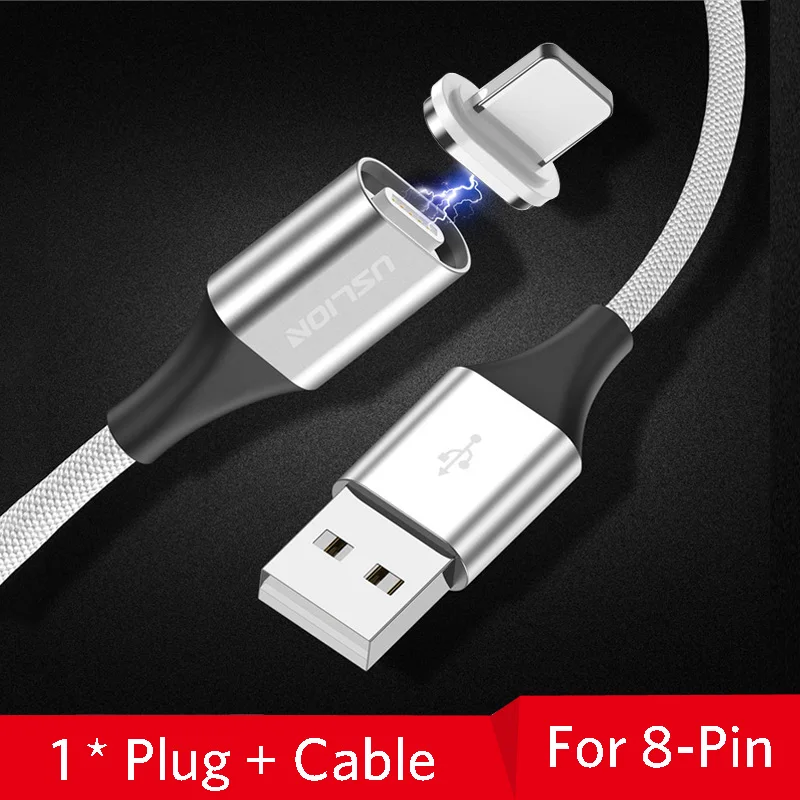 Silver For iPhone Магнитный кабель USLION, 3 А, кабель для быстрой зарядки usb type C и кабель Micro USB, магнитный кабель для зарядки и передачи данных, кабели для мобильных телефонов - Цвет: Silver For iPhone