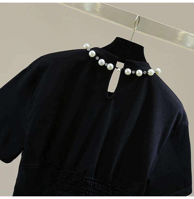 

2021 Summer Female Beads Diamond Short Sleeve Top Korean Style Slim Fit High Waist Women Tee Short Solid Slim Waist T-shirt