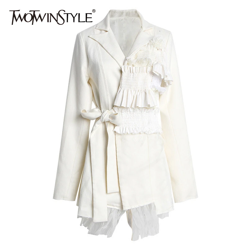 TWOTWINSTYLE лоскутный сетчатый блейзер с рюшами женский Зубчатый воротник длинным