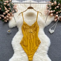 sexy hollow out floral lace bodysuit women 2021 summer fashion yellow transparent spaghetti strap backless skinny party bodysuit