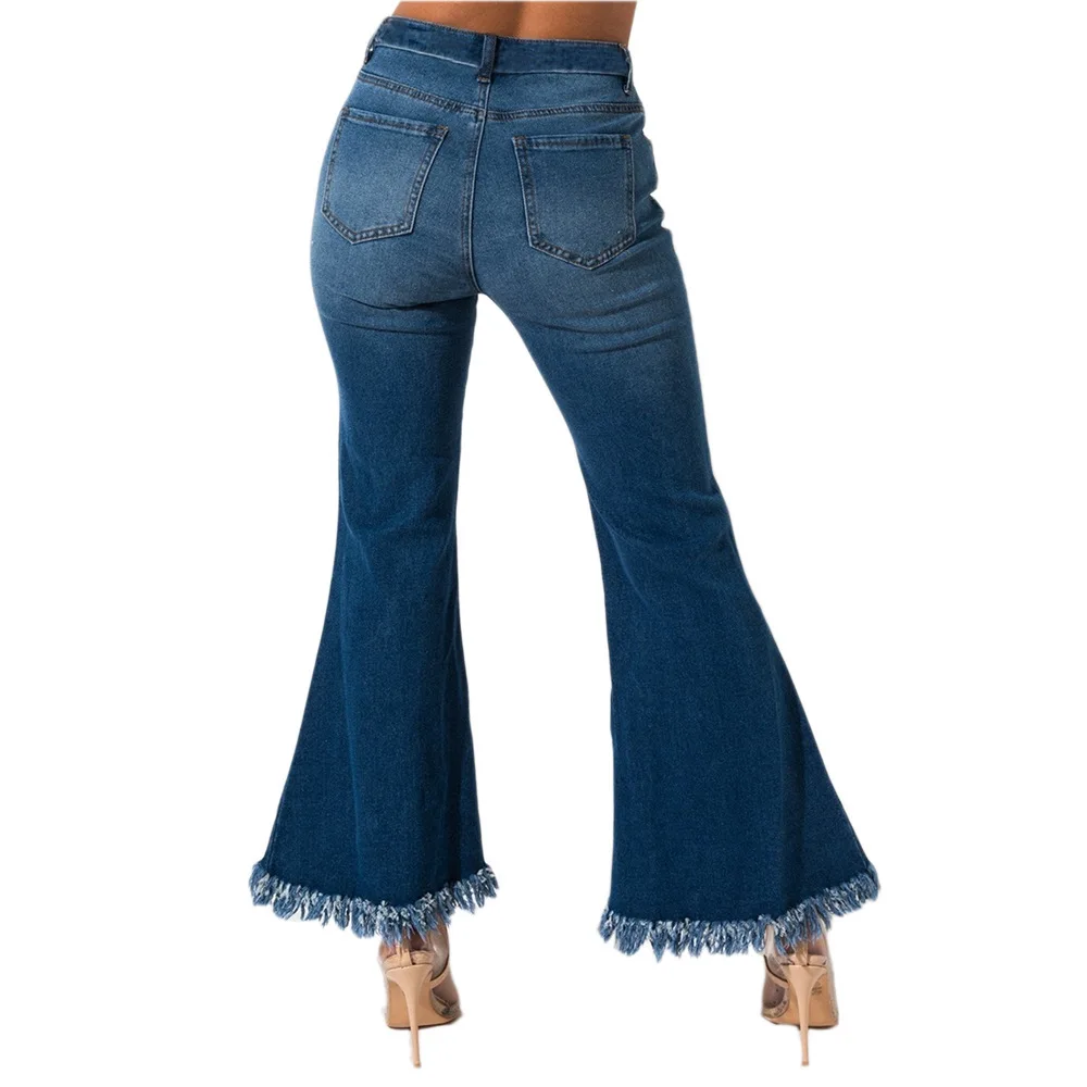 

Tassels Hollow Hole Office Lady Bodycon Jeans Women Sexy Good Stretchy High Waist Bell Bottom Pant Autumn Ladies Plus Size Pant