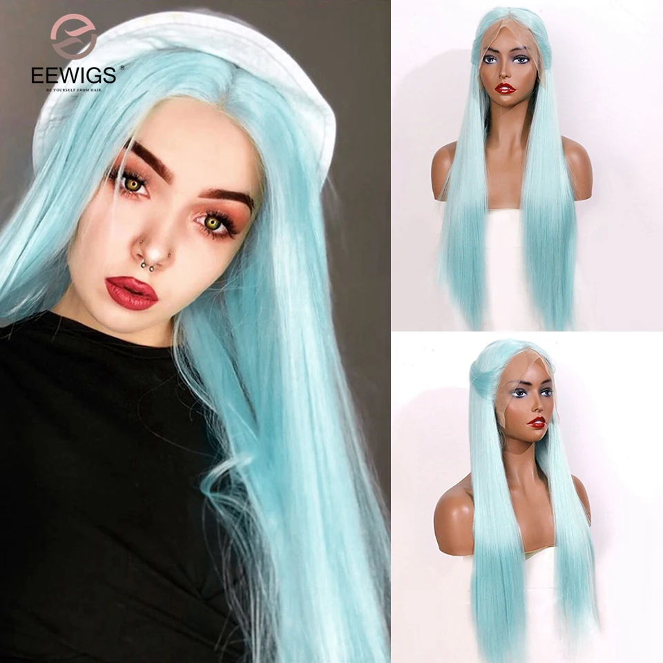 Pastel Blue Synthetic Lace Front Wig High Temperature Long Straight Lace Wig Glueless Lolita Cosplay Wigs For Black Women
