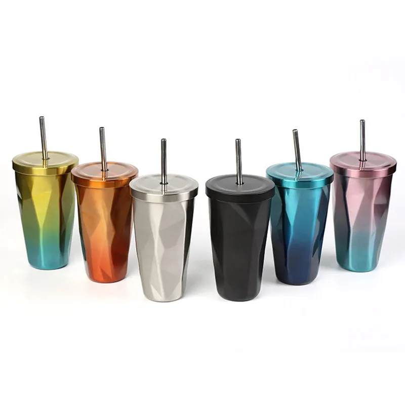 

500ml/17oz Double Wall 304 stainless steel Coffee Bottle With Straw to Go Cold Beer Cup With Tumbler Insulated Auto Water Mugs
