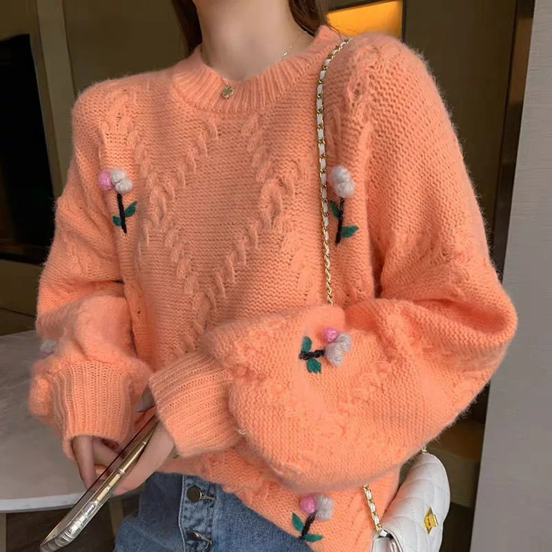 

Модный свитер с цветочным принтом, свитер с украшением, водолазка с длинным рукавом, вязаные пуловеры, женские универсальные топы на осень и...