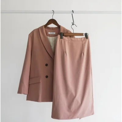 

2021 Spring Women Blazer Suits Doule Breasted Pink Blazer High Waist Skirt Office Lady Sets