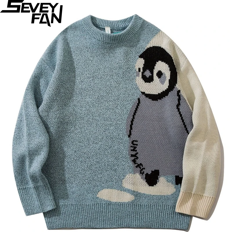 Мужской Жаккардовый свитер SEVEYFAN с мультяшным пингвином свободный хлопковый