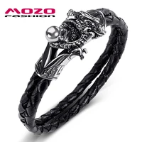 2020 men jewelry black genuine leather bracelet stainless steel punk dragon with beads chameleon women bangles