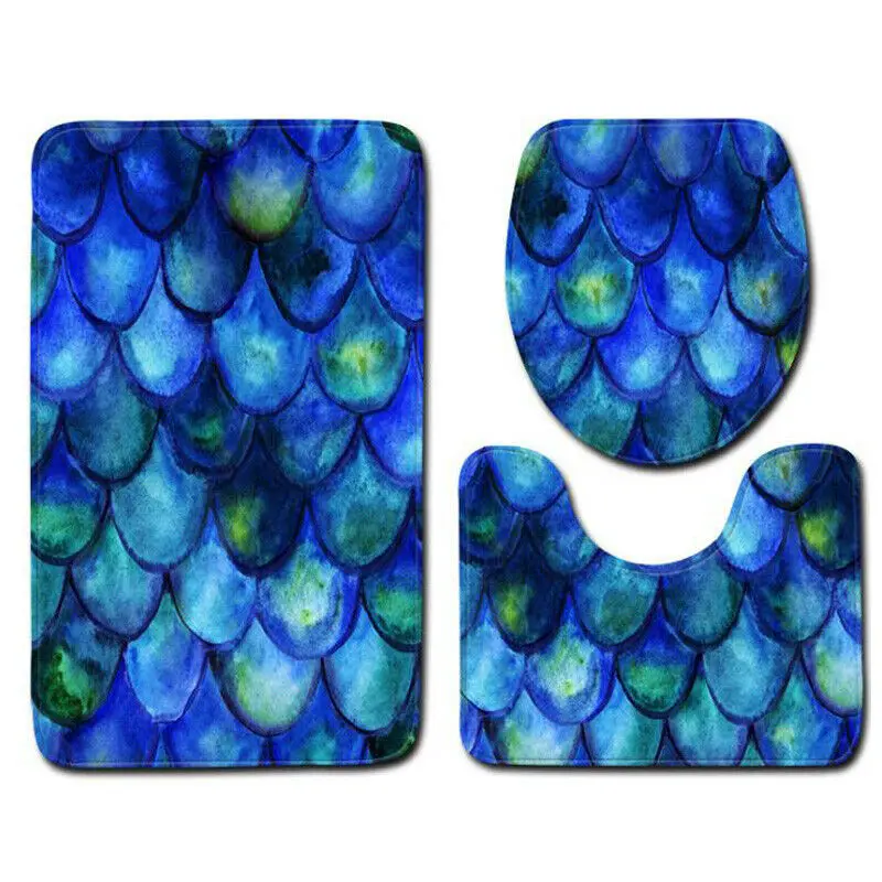 

3PCS Fish Scales Mermaid Pattern Rug Toilet Covers Carpet Non-slip Bathroom Mat