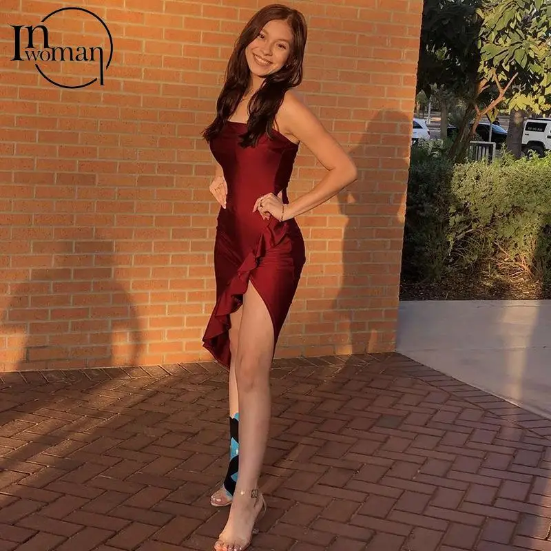 

Inwoman Fall Winter Ruffles Wrap Slit Black Dresses Women 2021 Backless Sexy Party Midi Dress Ladies Club White Bodycon Dress
