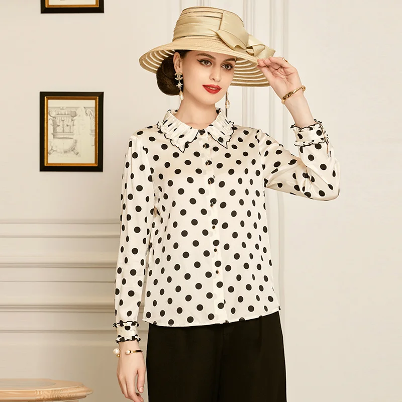 

SHZQ White Polka Dot Silk Shirt 2021 Autumn New Baby Collar Mulberry Silk Shirt Female