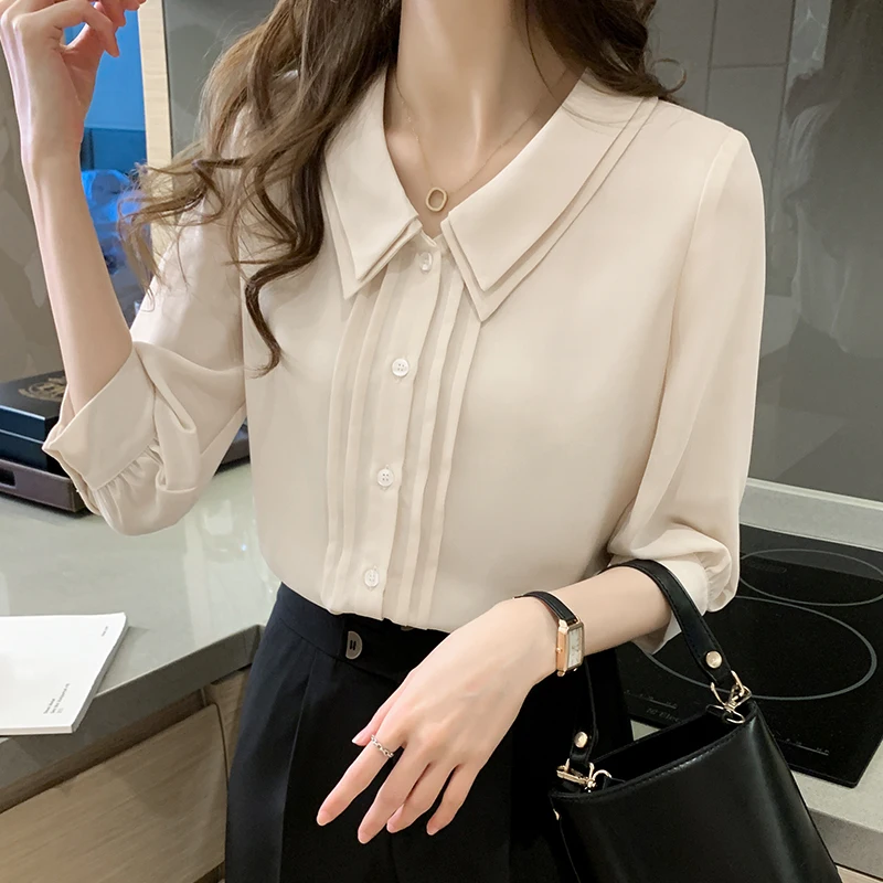 

New Summer Women Half Sleeves Chiffon Blouse Vintage Double layered Peter Pan Collar White Shirts Elegant Shirts Tops T15706X