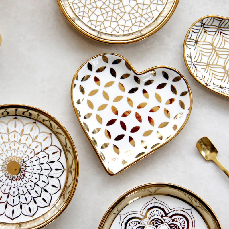 JINSERTA Ceramic Storage Tray Dinner Plate Dish Tableware Gold Inlay Dessert Fruit Cake Snack Home Restaurant Decor | Дом и сад