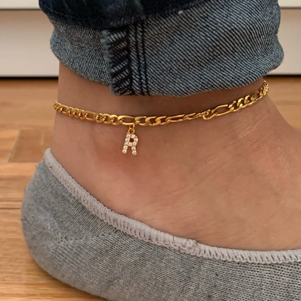 

Flatfoosie Crystal Initial Letter Anklets Bracelet Gold Color Cuban Link Anklet for Women Beach Leg Foot Chain Boho Jewelry Gift