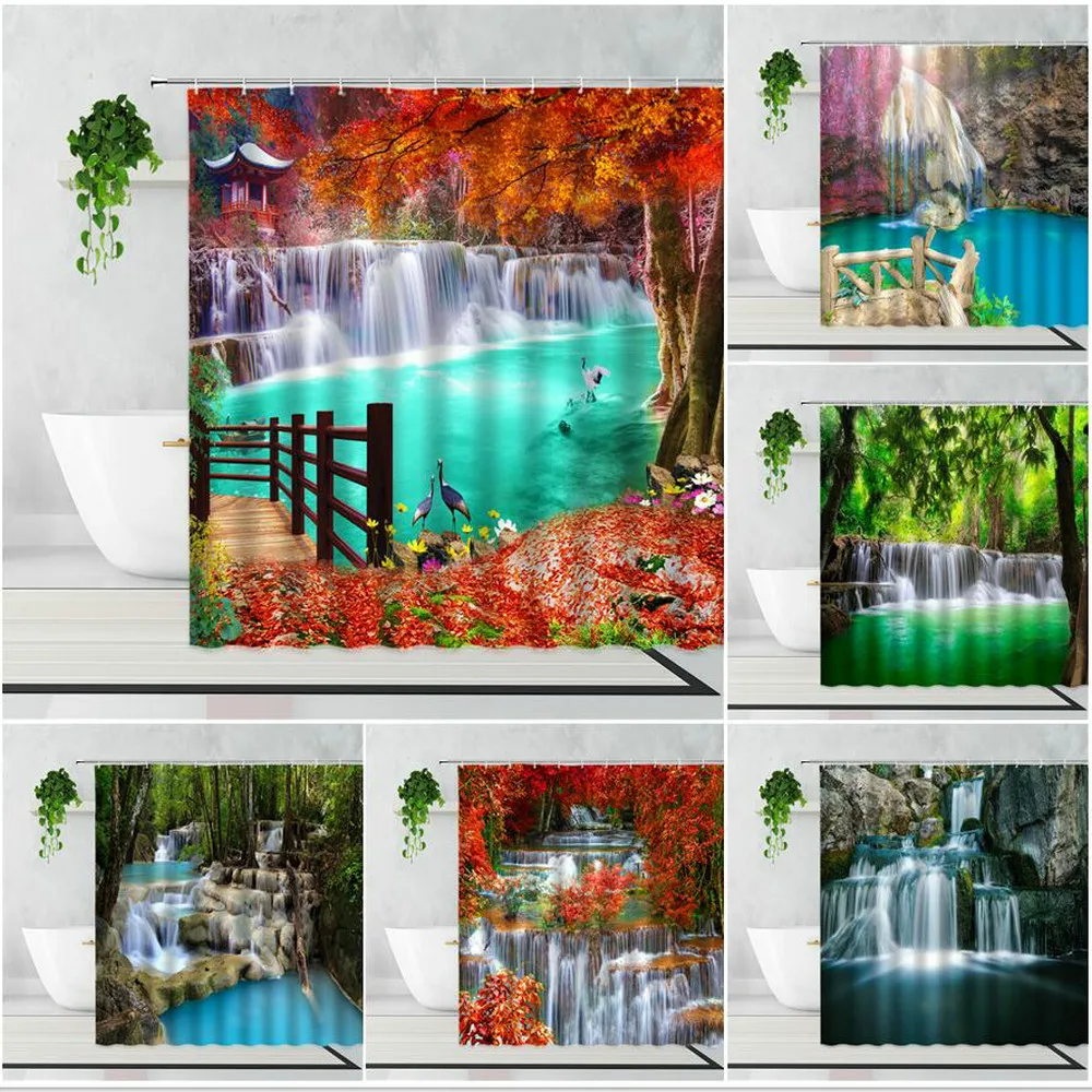 

Forest Waterfall Landscape Shower Curtain Red Maple Green Jungle Birds Natural Scenery Bathroom Decor Waterproof Bath Curtains