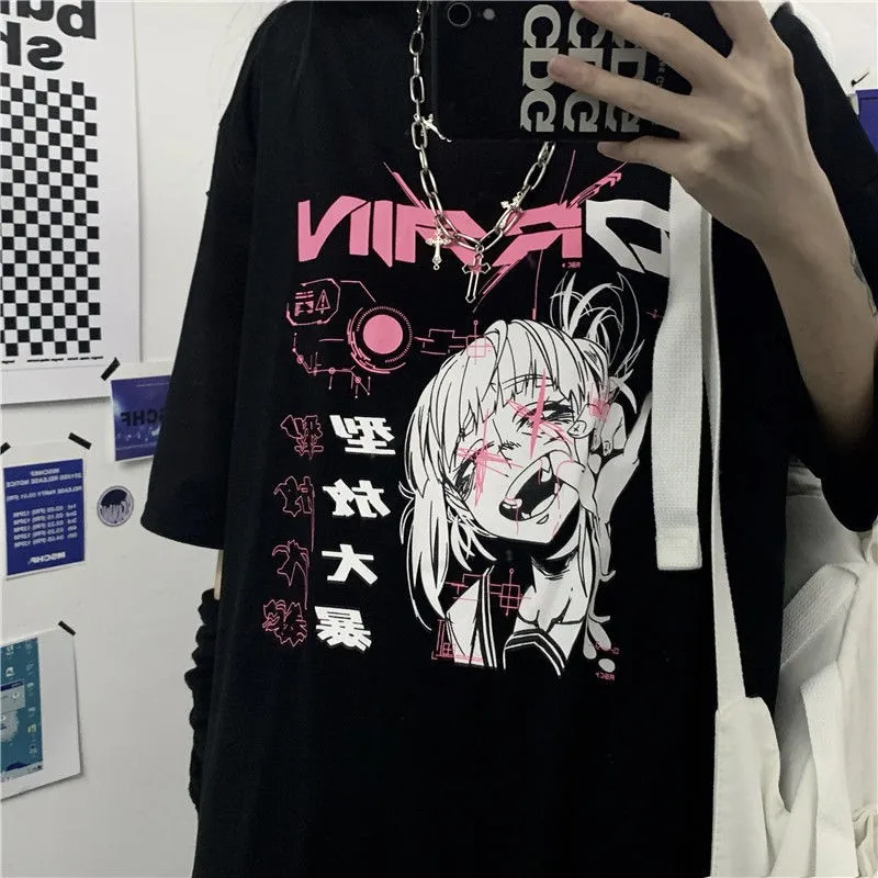 

100% Cotton NiceMix Vintage Anime Cartoon T Shirt Women Clothes Gothic Streetwear Print Loose Tops Korean Summer Black T-shirt