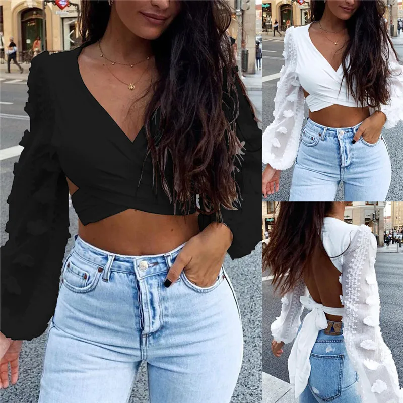 

Women Sexy Backless Mesh Ruffle Long Sleeve Shirt Blouse Lantern Sleeve Deep V-neck Shirt Bandage Casual Cami Blouses Crop Tops